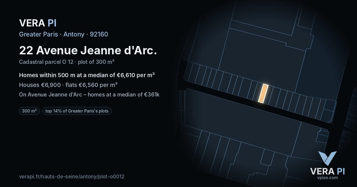 22 Avenue Jeanne d'Arc, Antony at night – the plot lit, the parcels around coloured by the prices near them