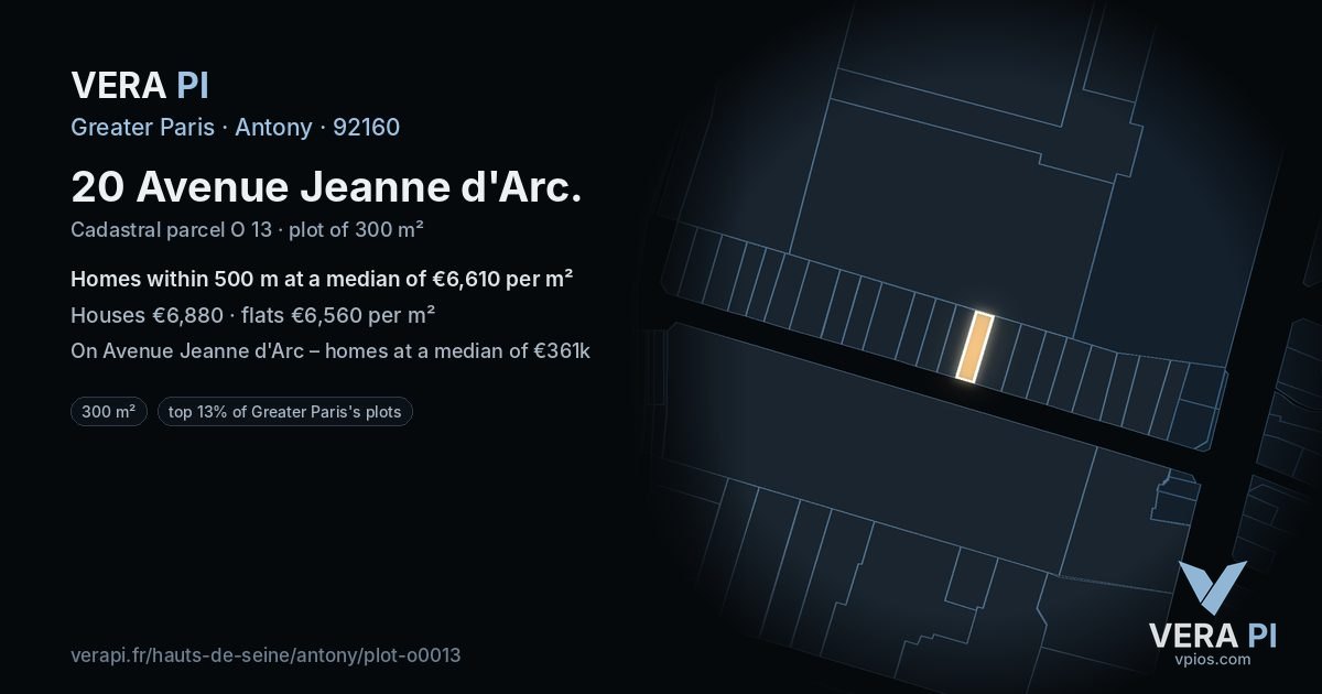 20 Avenue Jeanne d'Arc, Antony at night – the plot lit, the parcels around coloured by the prices near them