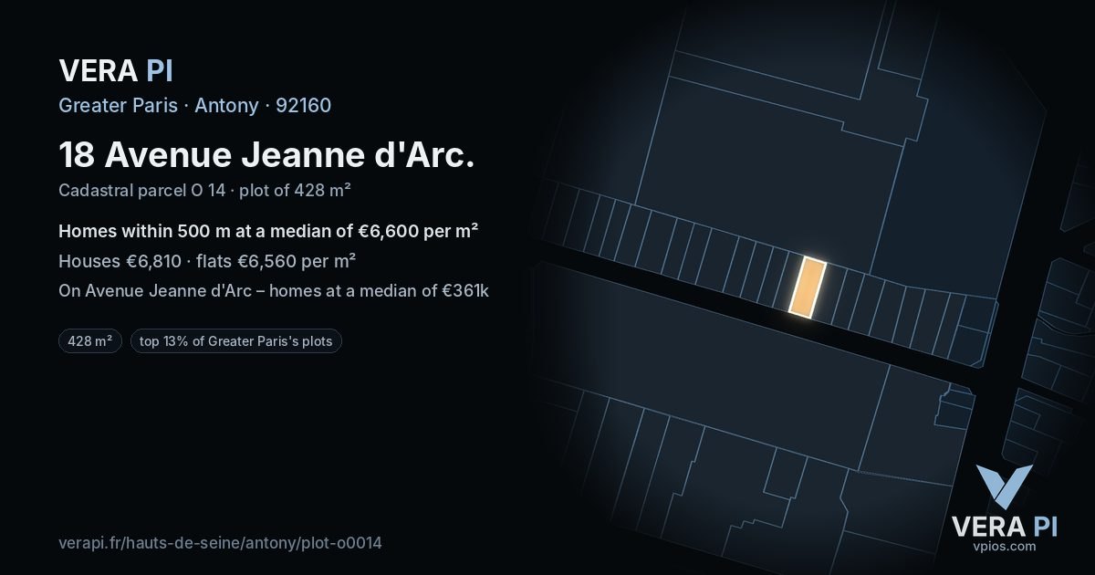 18 Avenue Jeanne d'Arc, Antony at night – the plot lit, the parcels around coloured by the prices near them