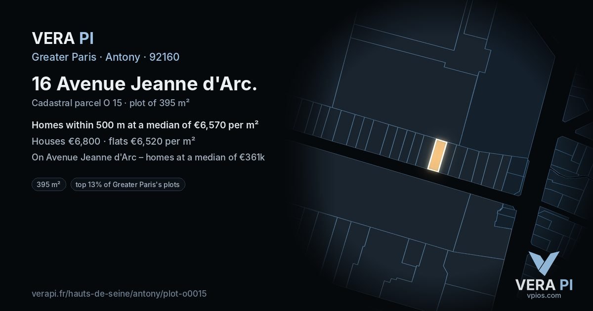 16 Avenue Jeanne d'Arc, Antony at night – the plot lit, the parcels around coloured by the prices near them