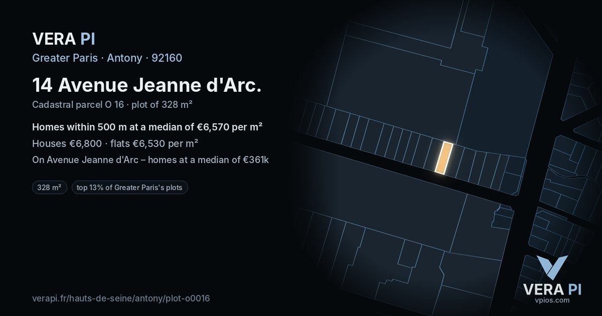 14 Avenue Jeanne d'Arc, Antony at night – the plot lit, the parcels around coloured by the prices near them