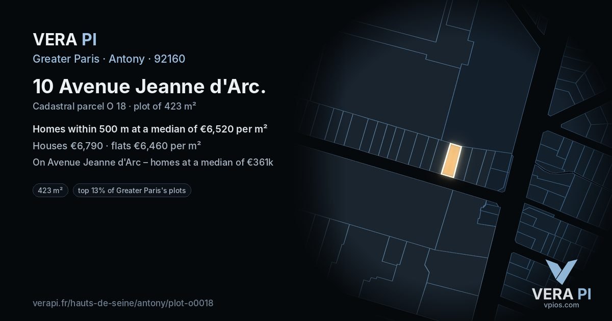 10 Avenue Jeanne d'Arc, Antony at night – the plot lit, the parcels around coloured by the prices near them