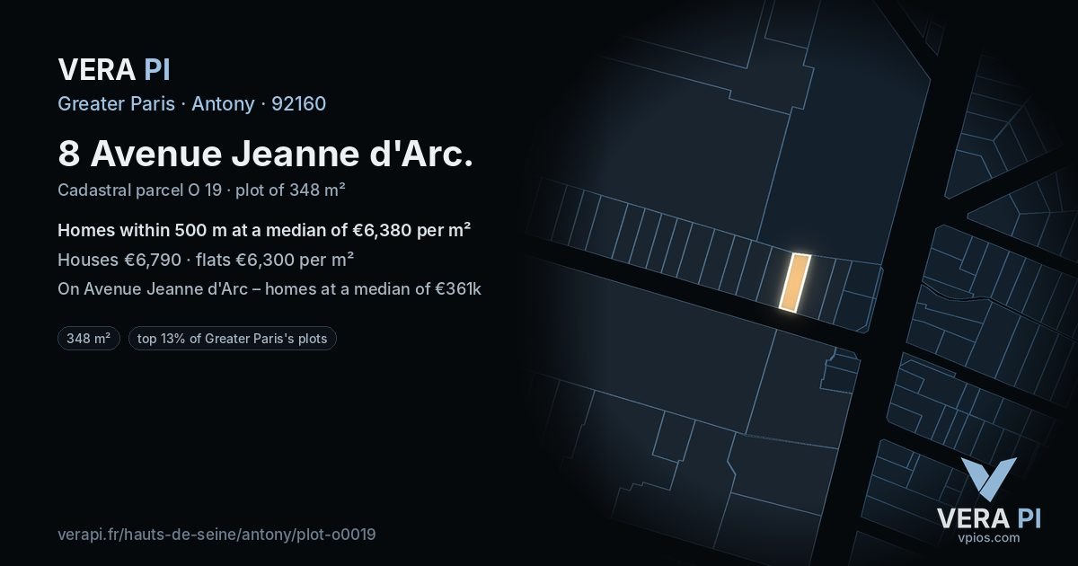 8 Avenue Jeanne d'Arc, Antony at night – the plot lit, the parcels around coloured by the prices near them