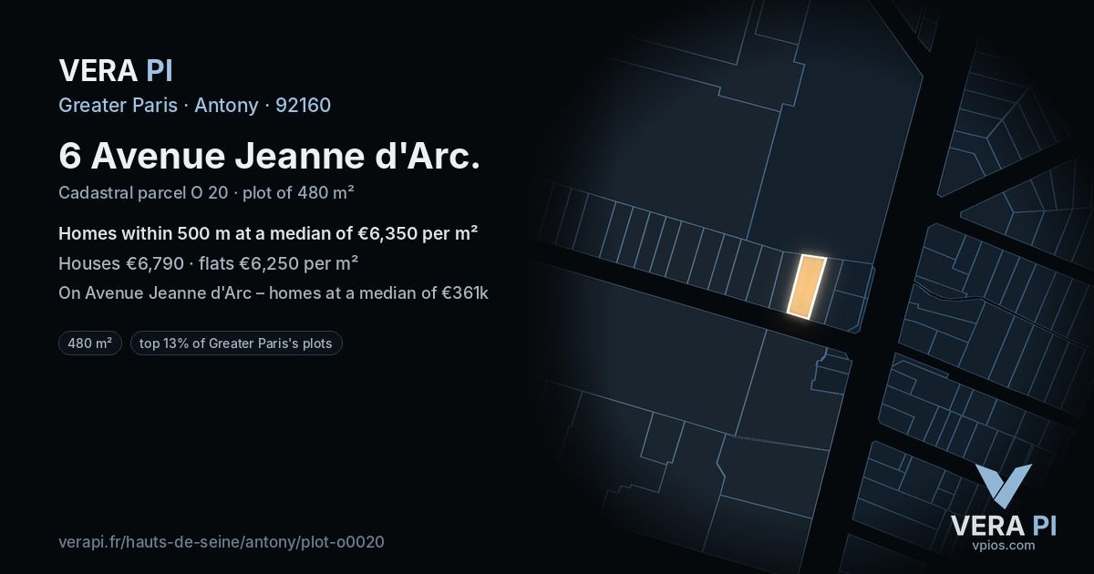 6 Avenue Jeanne d'Arc, Antony at night – the plot lit, the parcels around coloured by the prices near them