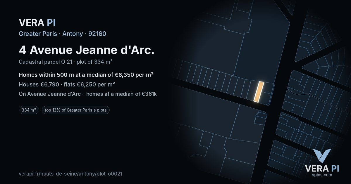 4 Avenue Jeanne d'Arc, Antony at night – the plot lit, the parcels around coloured by the prices near them