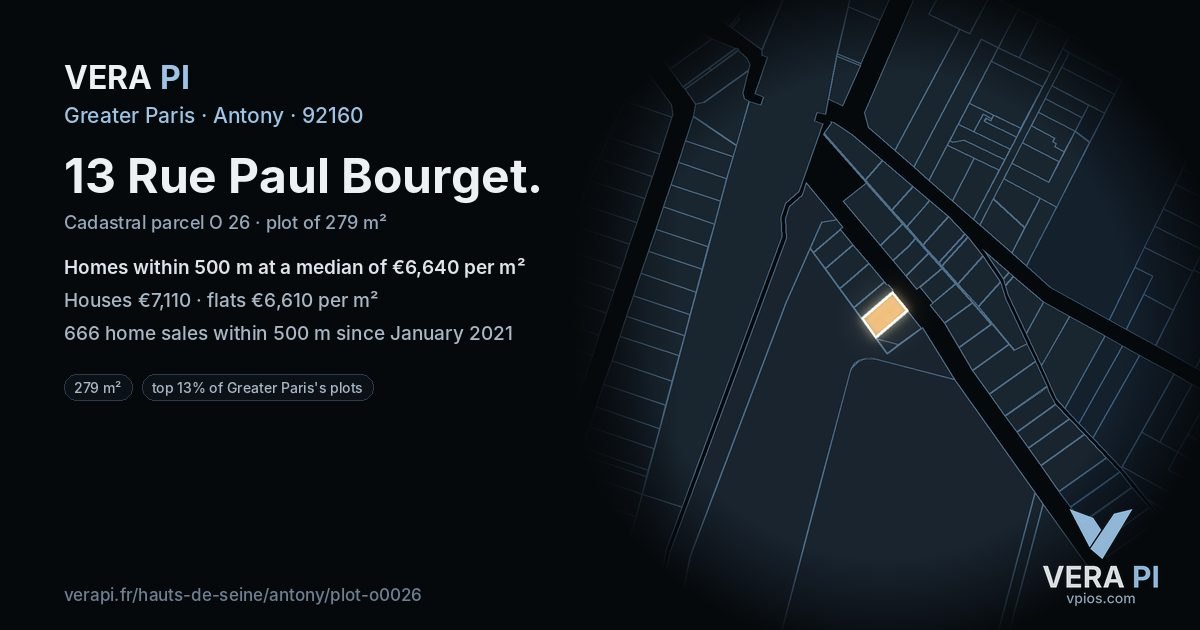 13 Rue Paul Bourget, Antony at night – the plot lit, the parcels around coloured by the prices near them