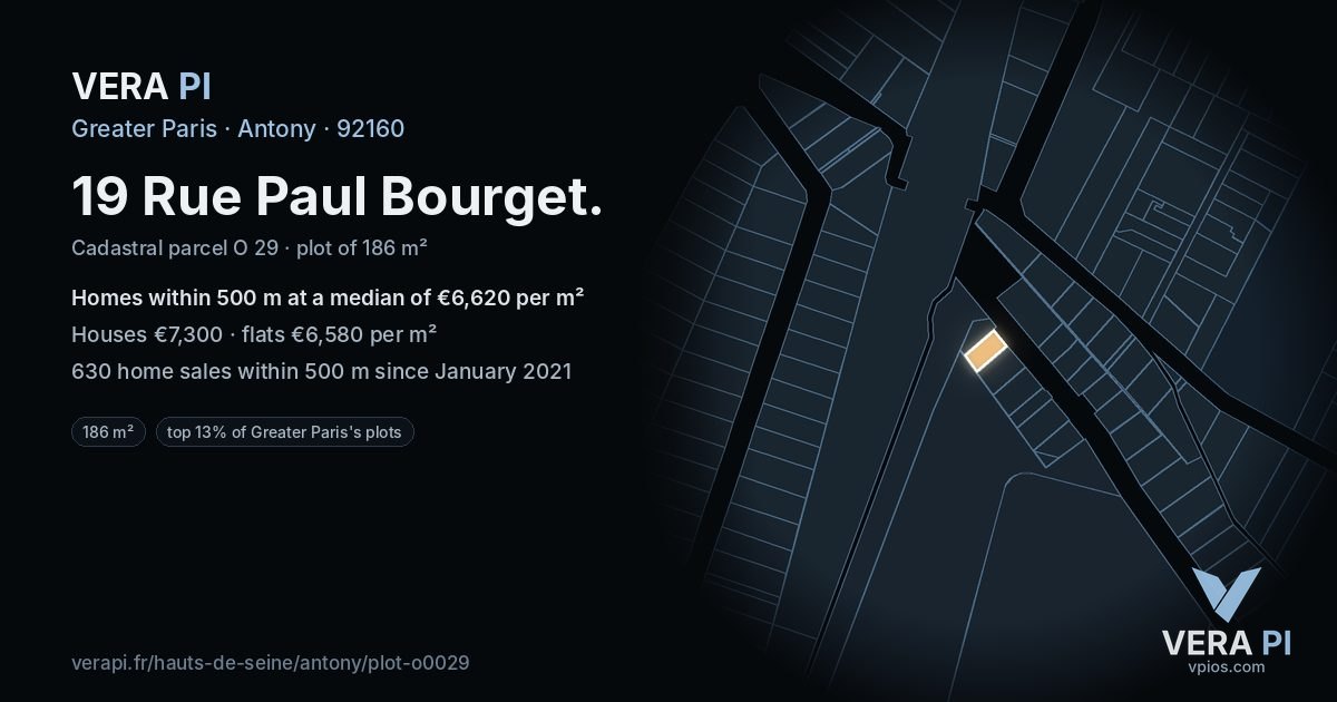 19 Rue Paul Bourget, Antony at night – the plot lit, the parcels around coloured by the prices near them