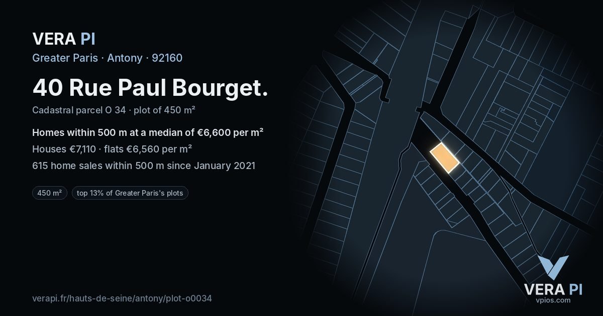 40 Rue Paul Bourget, Antony at night – the plot lit, the parcels around coloured by the prices near them