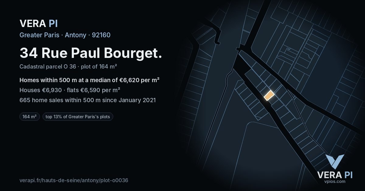 34 Rue Paul Bourget, Antony at night – the plot lit, the parcels around coloured by the prices near them