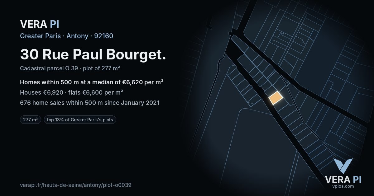 30 Rue Paul Bourget, Antony at night – the plot lit, the parcels around coloured by the prices near them