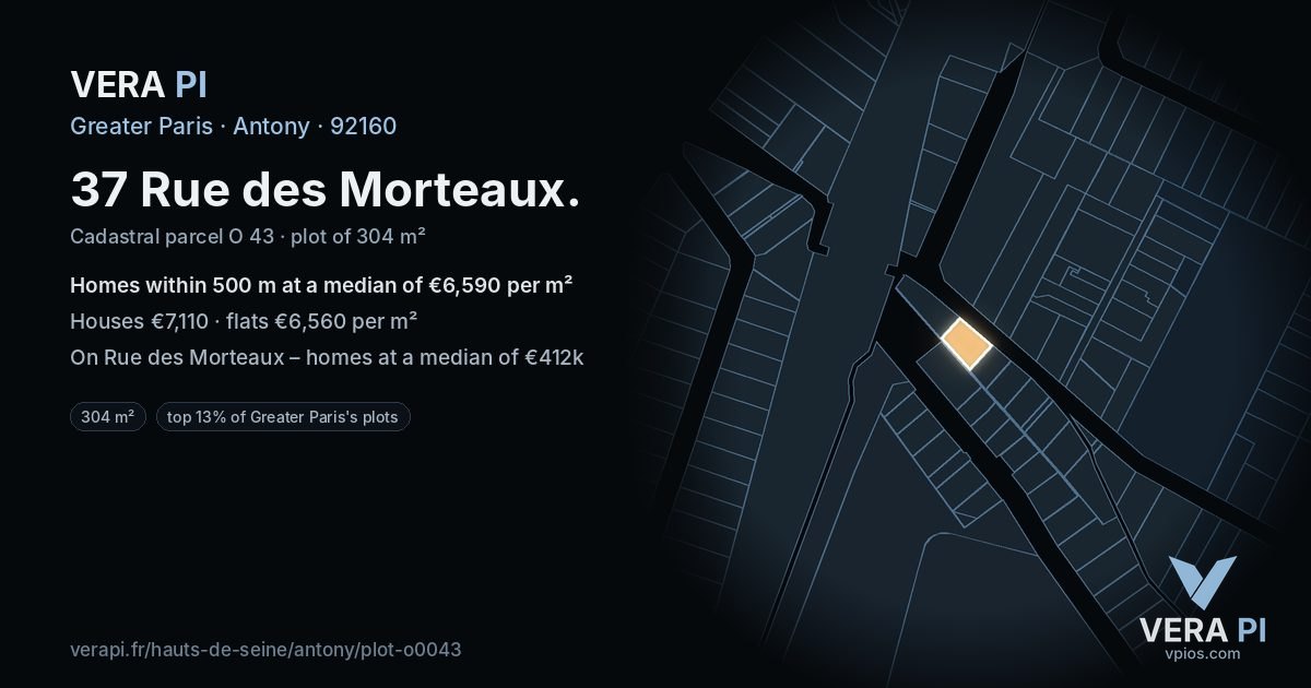 37 Rue des Morteaux, Antony at night – the plot lit, the parcels around coloured by the prices near them