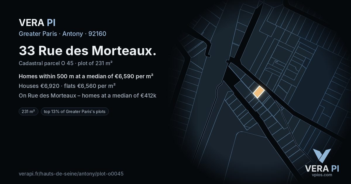 33 Rue des Morteaux, Antony at night – the plot lit, the parcels around coloured by the prices near them