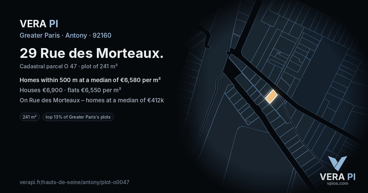 29 Rue des Morteaux, Antony at night – the plot lit, the parcels around coloured by the prices near them