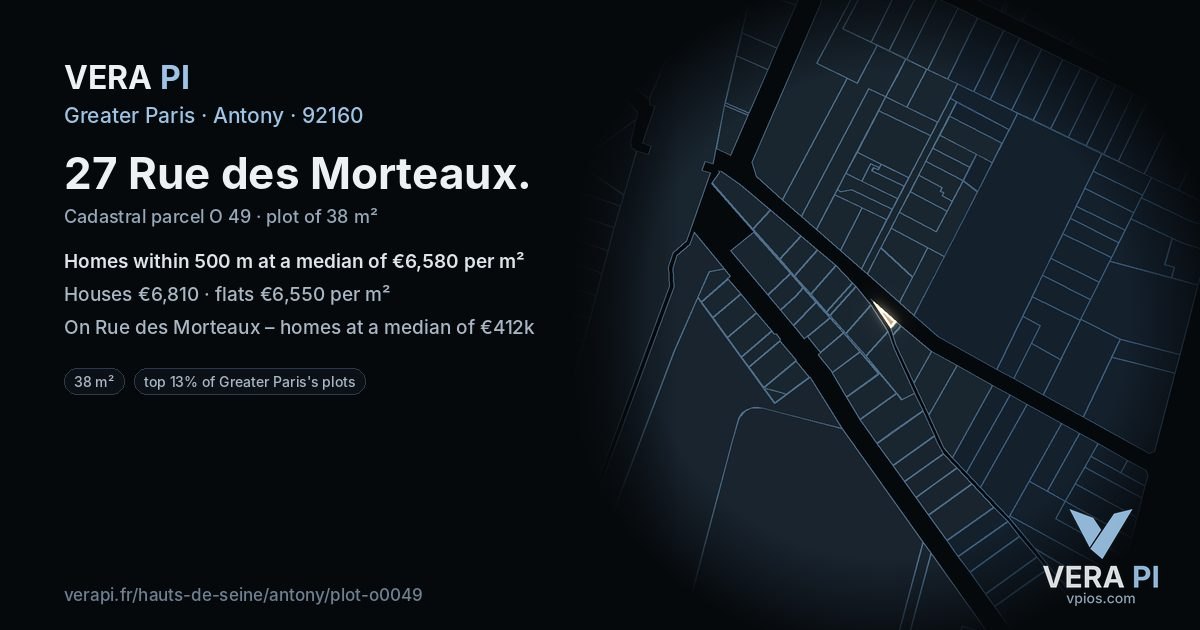 27 Rue des Morteaux, Antony at night – the plot lit, the parcels around coloured by the prices near them
