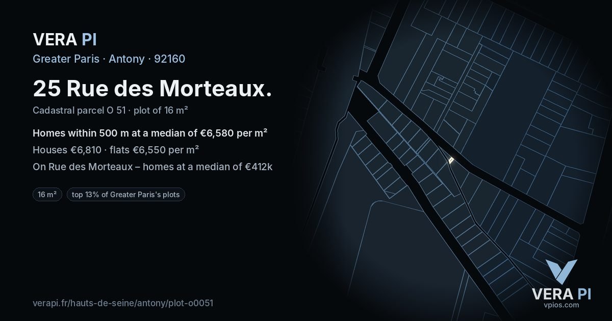 25 Rue des Morteaux, Antony at night – the plot lit, the parcels around coloured by the prices near them
