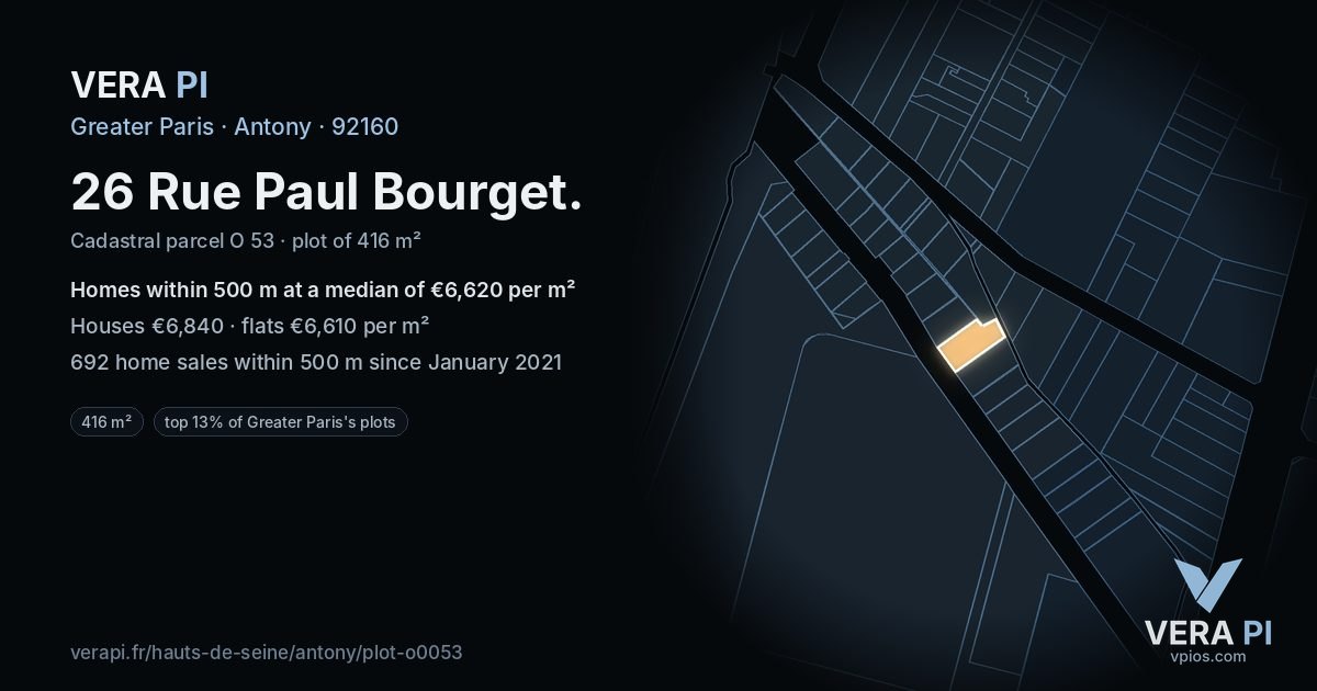 26 Rue Paul Bourget, Antony at night – the plot lit, the parcels around coloured by the prices near them