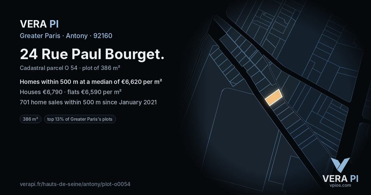 24 Rue Paul Bourget, Antony at night – the plot lit, the parcels around coloured by the prices near them