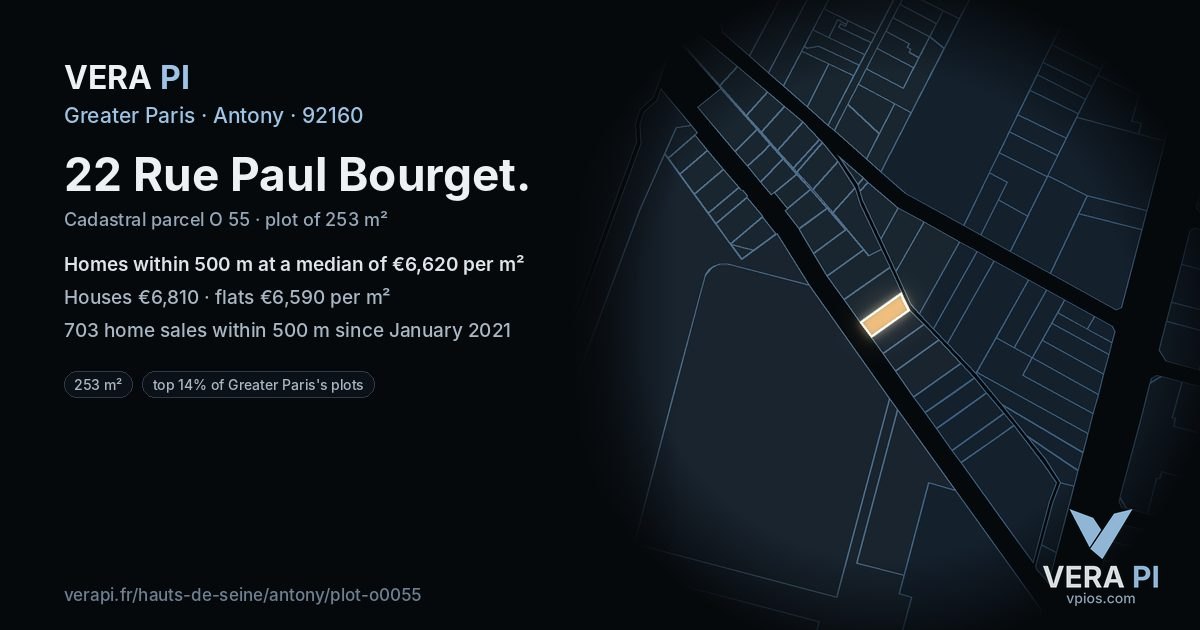 22 Rue Paul Bourget, Antony at night – the plot lit, the parcels around coloured by the prices near them