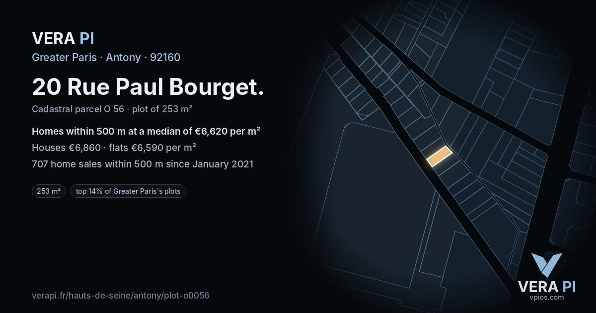 20 Rue Paul Bourget, Antony at night – the plot lit, the parcels around coloured by the prices near them