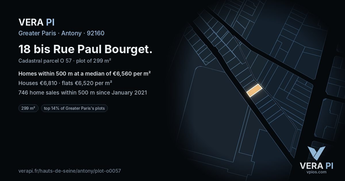 18 bis Rue Paul Bourget, Antony at night – the plot lit, the parcels around coloured by the prices near them