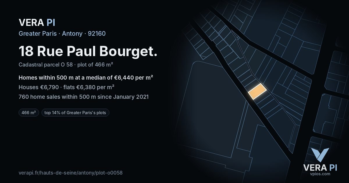 18 Rue Paul Bourget, Antony at night – the plot lit, the parcels around coloured by the prices near them