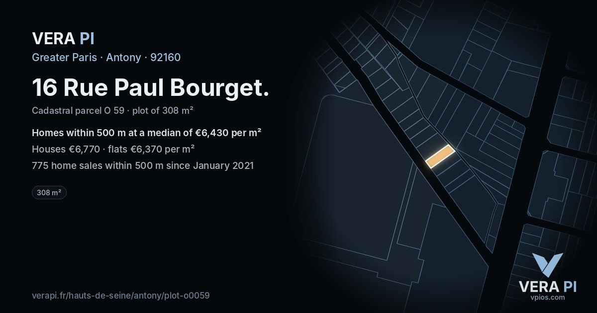16 Rue Paul Bourget, Antony at night – the plot lit, the parcels around coloured by the prices near them