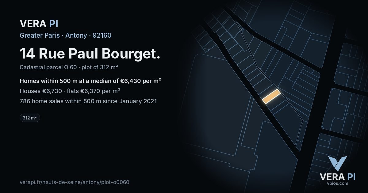14 Rue Paul Bourget, Antony at night – the plot lit, the parcels around coloured by the prices near them