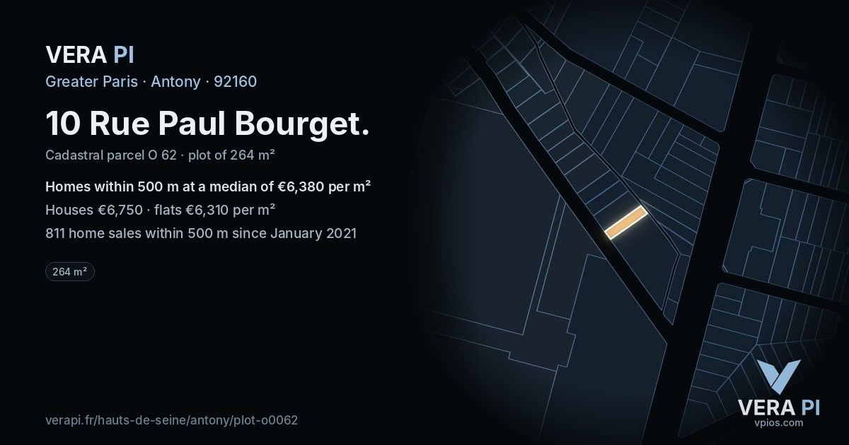10 Rue Paul Bourget, Antony at night – the plot lit, the parcels around coloured by the prices near them