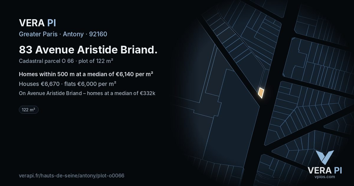 83 Avenue Aristide Briand, Antony at night – the plot lit, the parcels around coloured by the prices near them