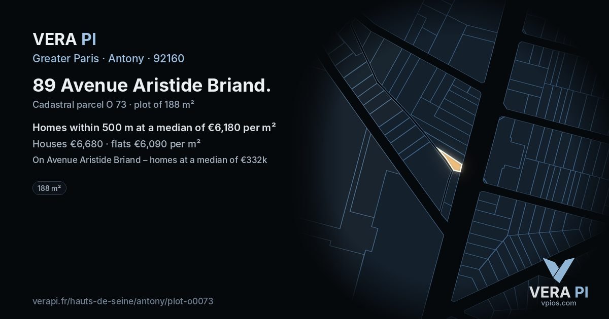 89 Avenue Aristide Briand, Antony at night – the plot lit, the parcels around coloured by the prices near them