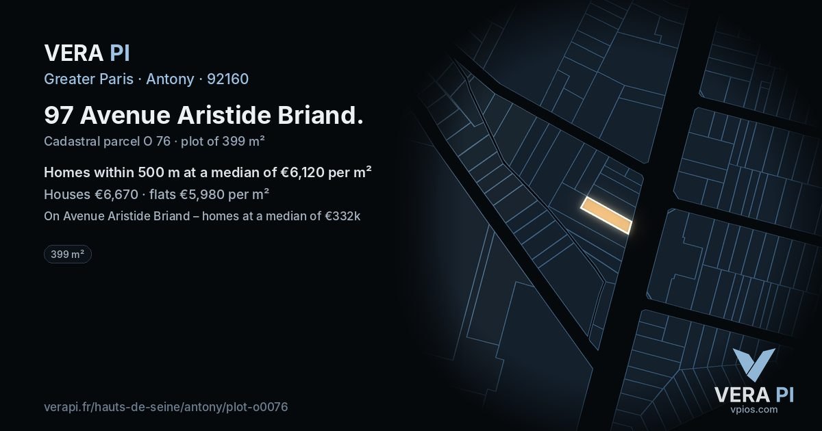 97 Avenue Aristide Briand, Antony at night – the plot lit, the parcels around coloured by the prices near them