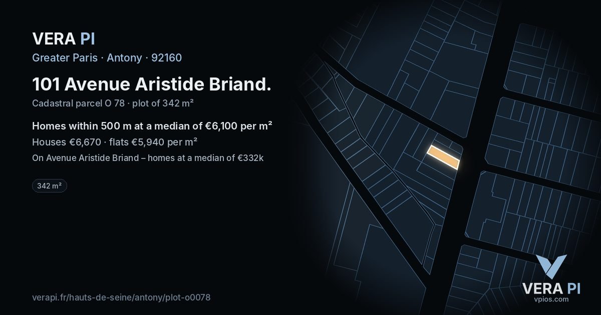 101 Avenue Aristide Briand, Antony at night – the plot lit, the parcels around coloured by the prices near them
