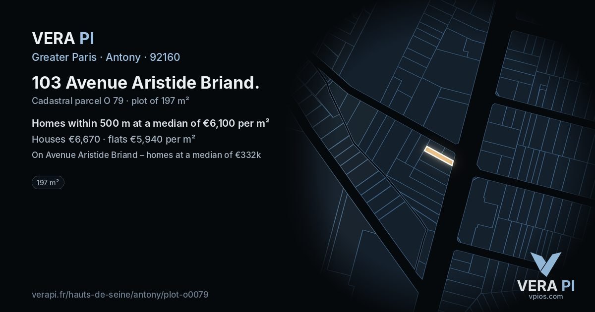 103 Avenue Aristide Briand, Antony at night – the plot lit, the parcels around coloured by the prices near them