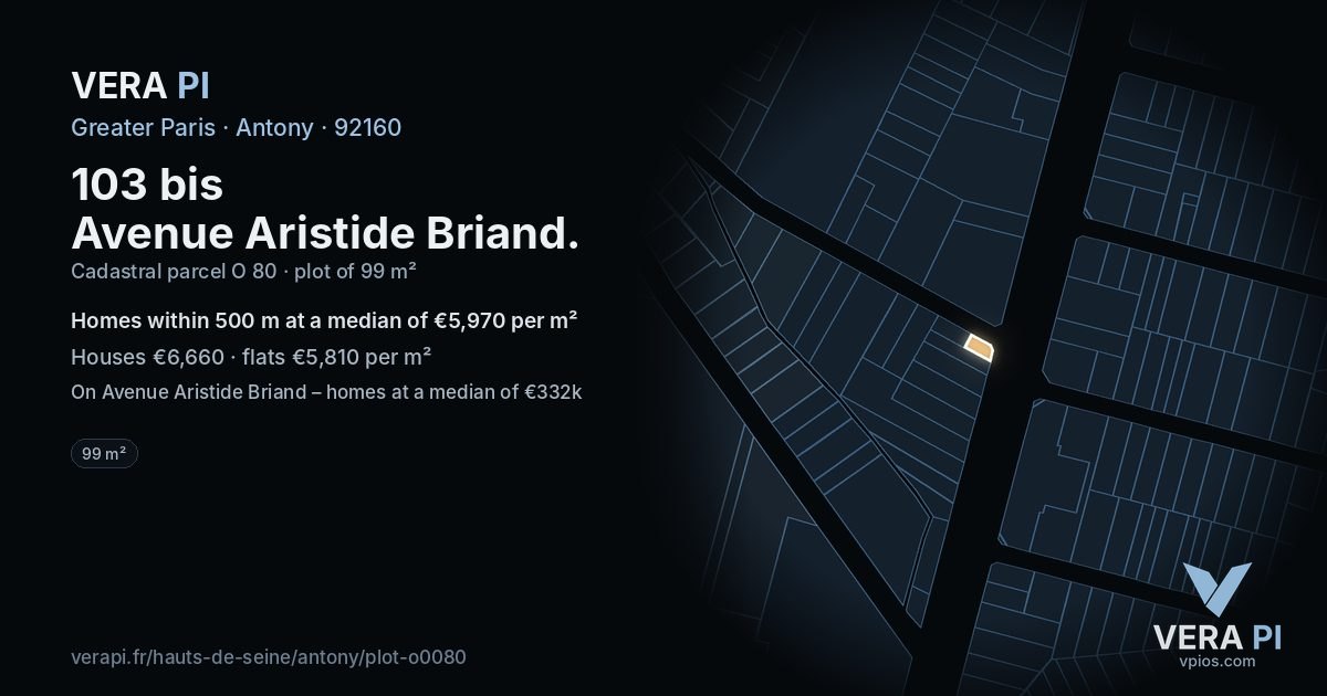 103 bis Avenue Aristide Briand, Antony at night – the plot lit, the parcels around coloured by the prices near them