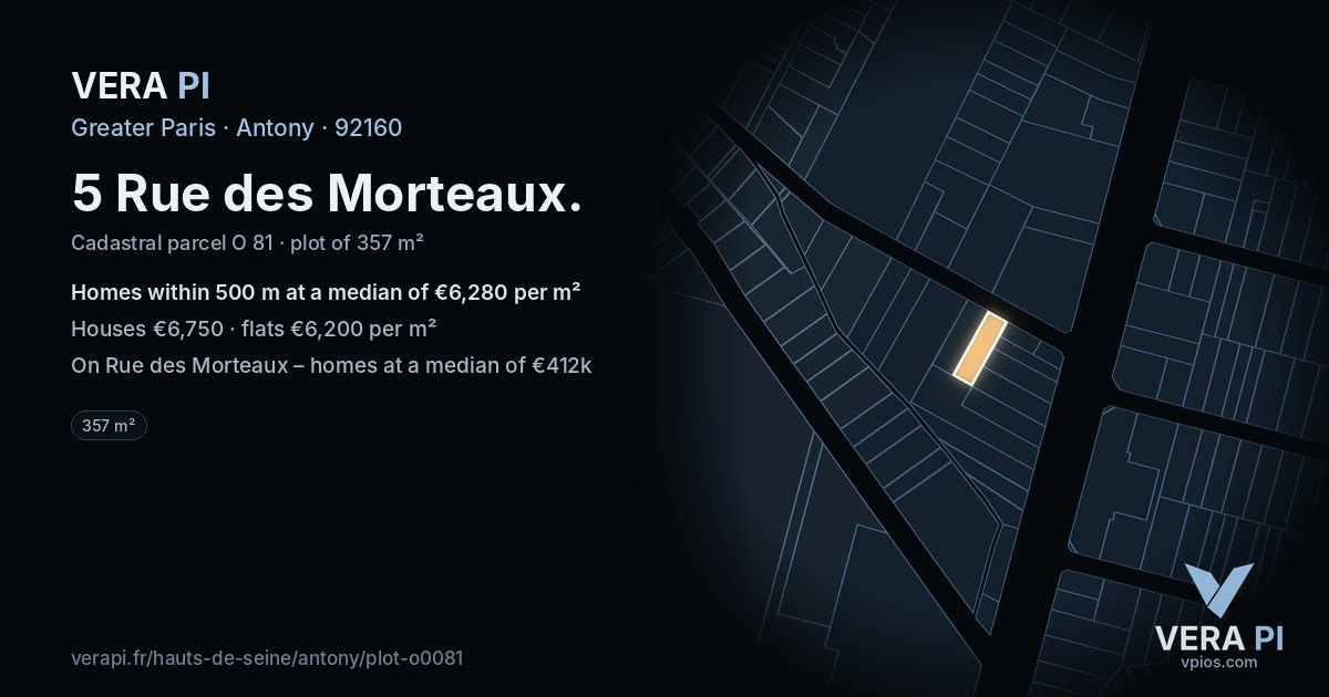 5 Rue des Morteaux, Antony at night – the plot lit, the parcels around coloured by the prices near them