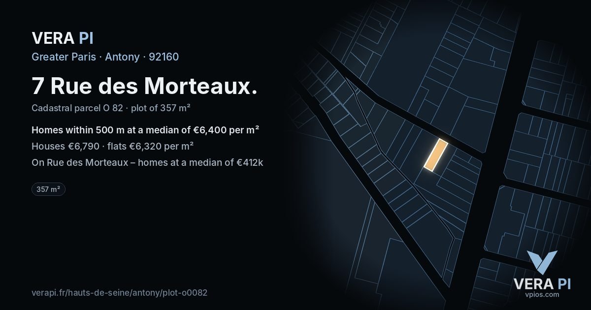 7 Rue des Morteaux, Antony at night – the plot lit, the parcels around coloured by the prices near them