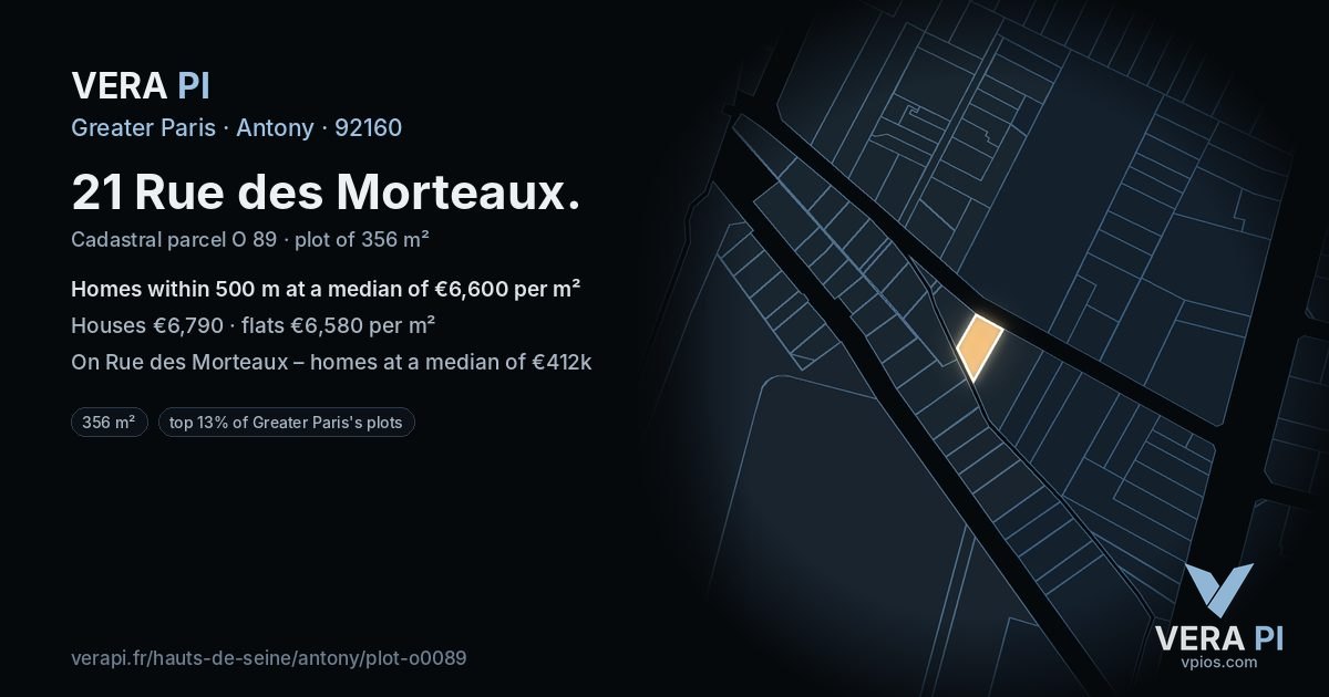 21 Rue des Morteaux, Antony at night – the plot lit, the parcels around coloured by the prices near them