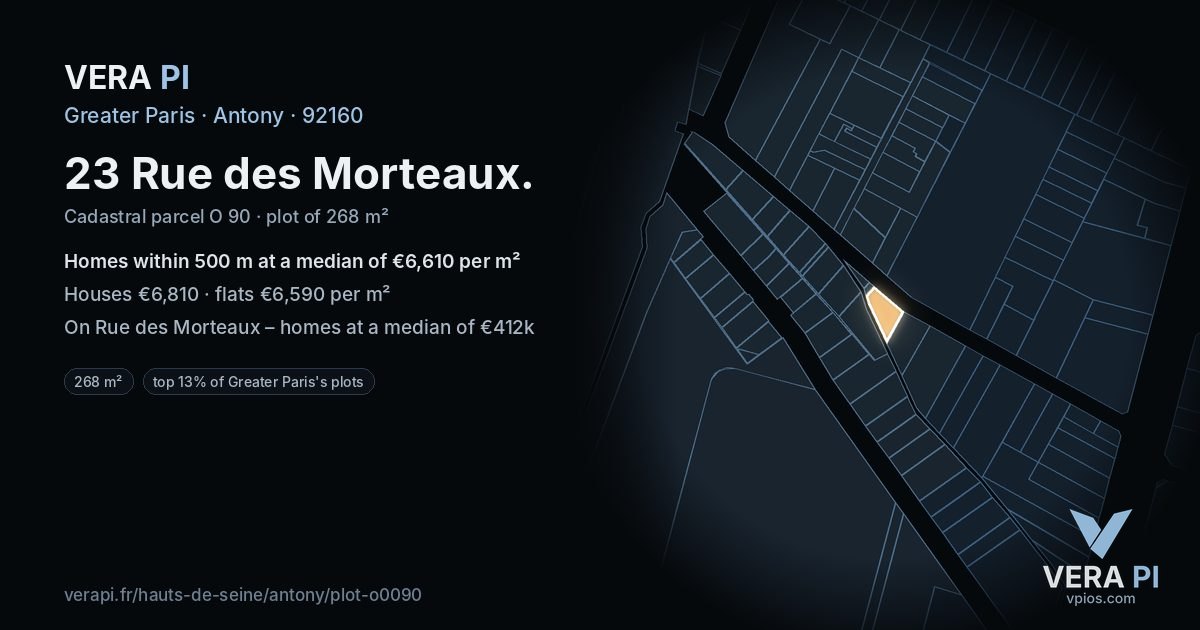 23 Rue des Morteaux, Antony at night – the plot lit, the parcels around coloured by the prices near them