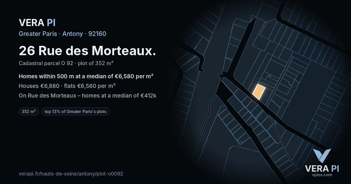 26 Rue des Morteaux, Antony at night – the plot lit, the parcels around coloured by the prices near them