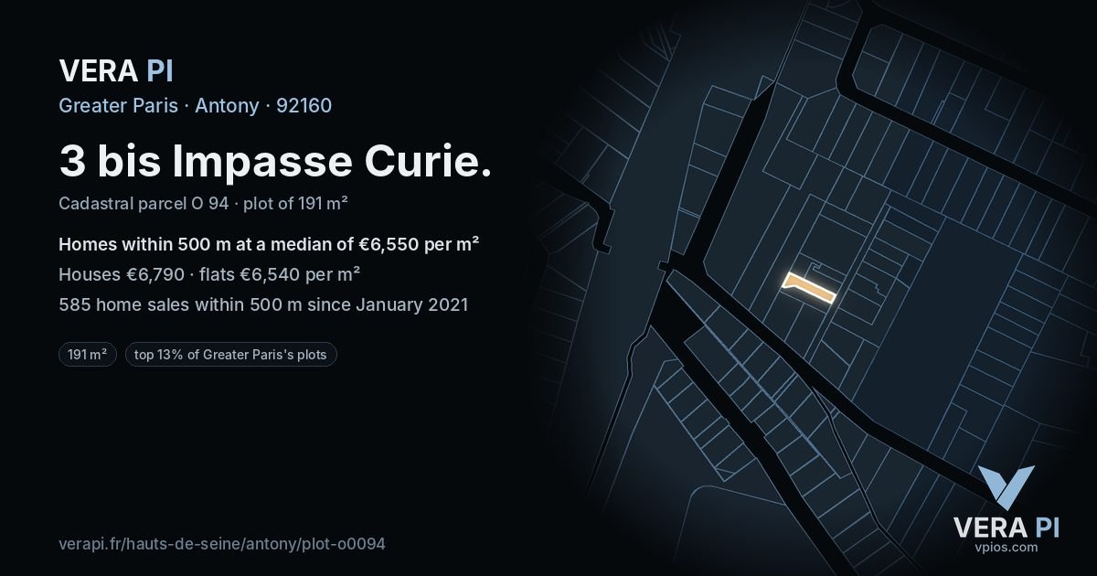 3 bis Impasse Curie, Antony at night – the plot lit, the parcels around coloured by the prices near them