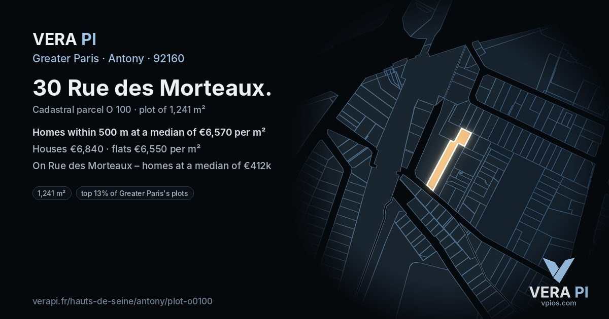 30 Rue des Morteaux, Antony at night – the plot lit, the parcels around coloured by the prices near them