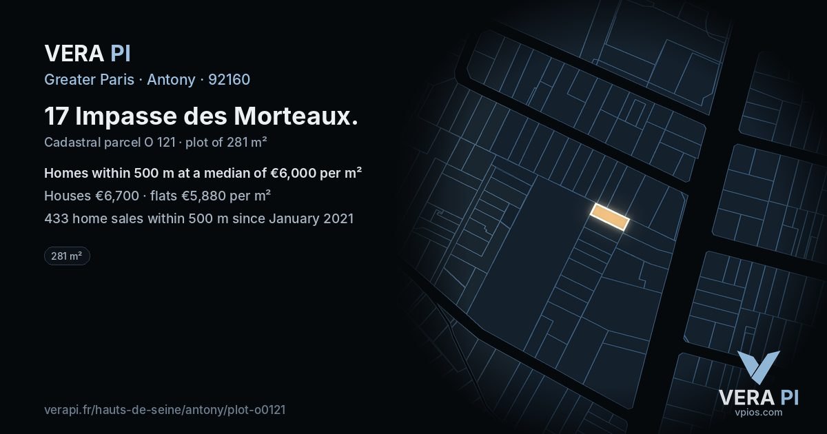 17 Impasse des Morteaux, Antony at night – the plot lit, the parcels around coloured by the prices near them