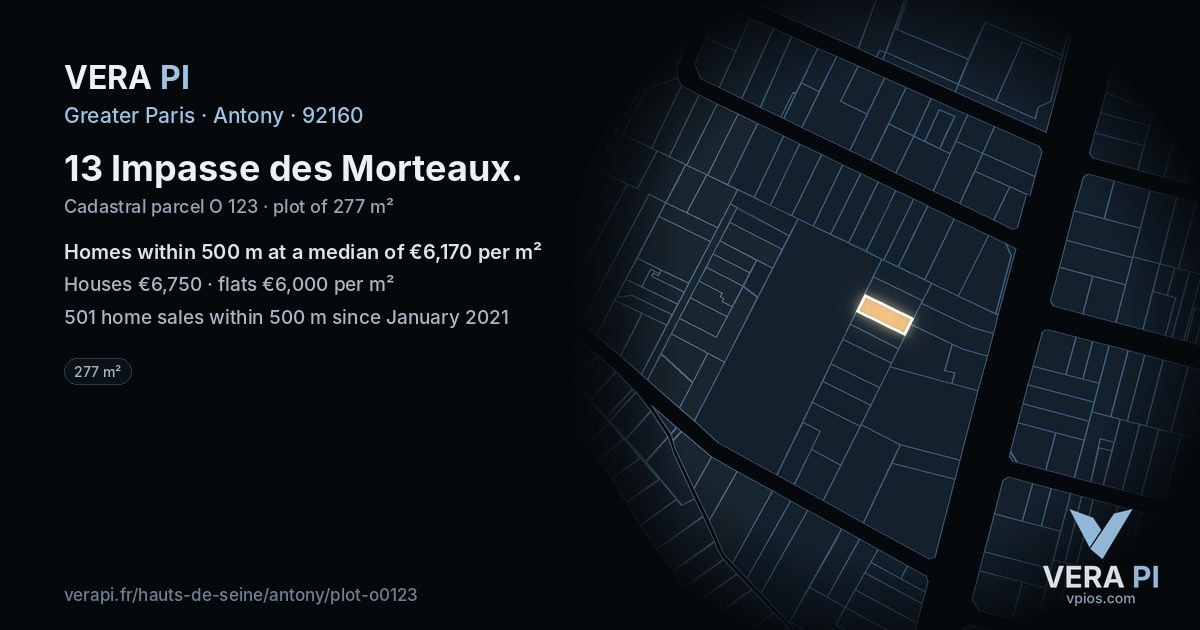 13 Impasse des Morteaux, Antony at night – the plot lit, the parcels around coloured by the prices near them