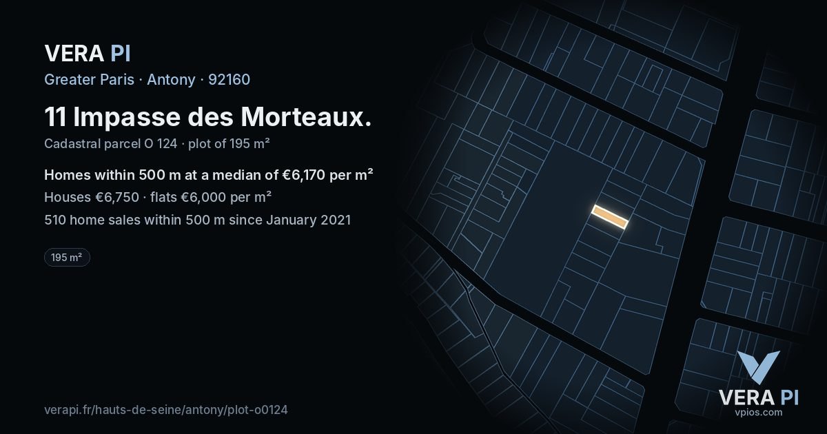11 Impasse des Morteaux, Antony at night – the plot lit, the parcels around coloured by the prices near them