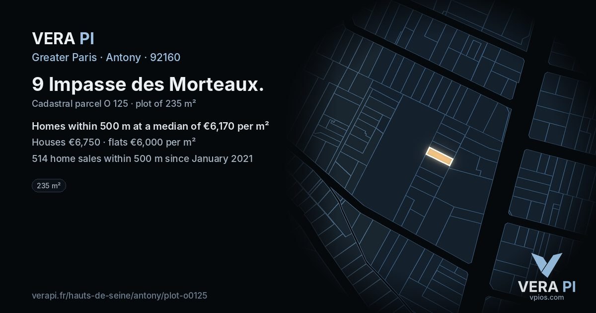 9 Impasse des Morteaux, Antony at night – the plot lit, the parcels around coloured by the prices near them