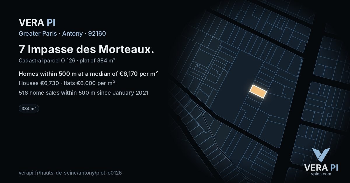 7 Impasse des Morteaux, Antony at night – the plot lit, the parcels around coloured by the prices near them