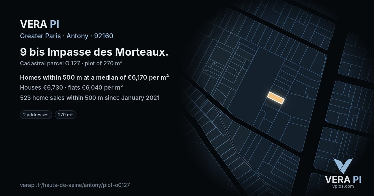 9 bis Impasse des Morteaux, Antony at night – the plot lit, the parcels around coloured by the prices near them