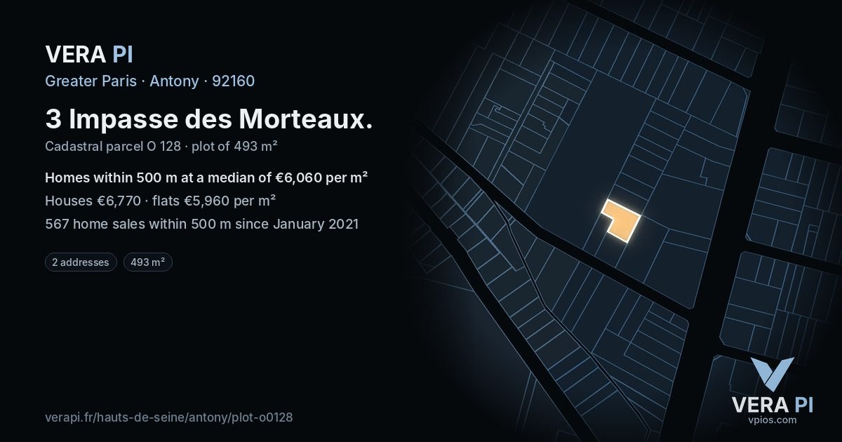 3 Impasse des Morteaux, Antony at night – the plot lit, the parcels around coloured by the prices near them