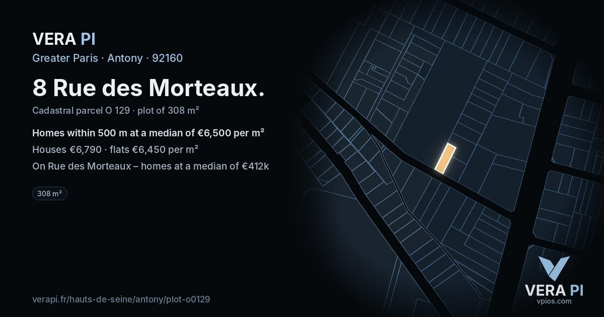8 Rue des Morteaux, Antony at night – the plot lit, the parcels around coloured by the prices near them