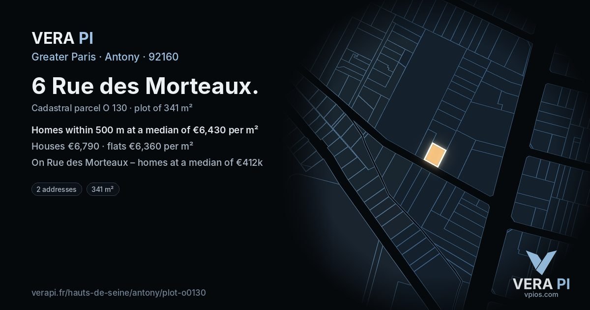 6 Rue des Morteaux, Antony at night – the plot lit, the parcels around coloured by the prices near them
